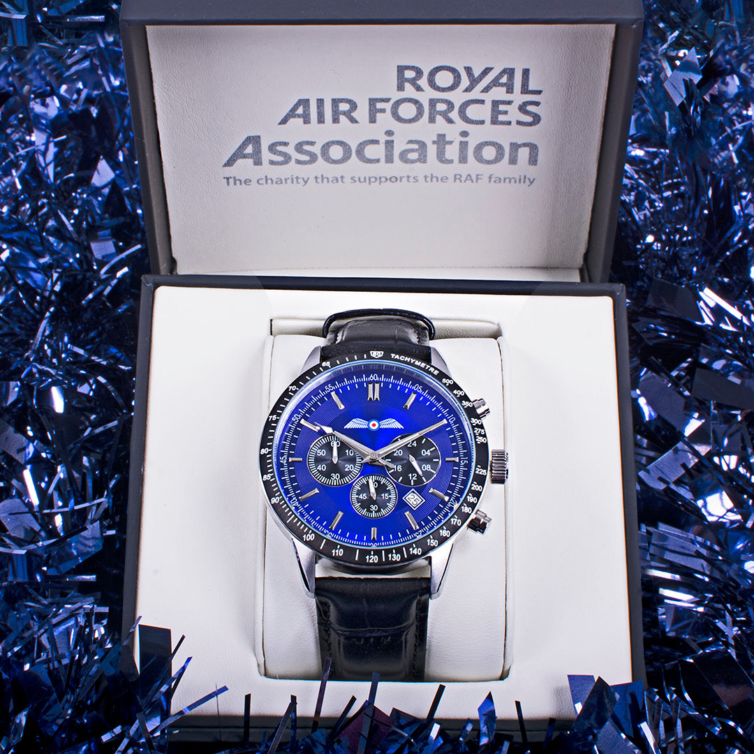 Men s Black Leather Chronograph RAF Association Wings Watch